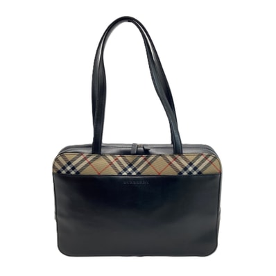BURBERRY バーバリー ノバチェック ロゴ型押し トートバッグ ブラック キャンバス×レザー ワンショルダー