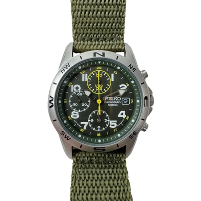美品 セイコー SEIKO ミリタリークロノグラフ クォーツ 時計 7T92 0DX0 カーキ メンズ
