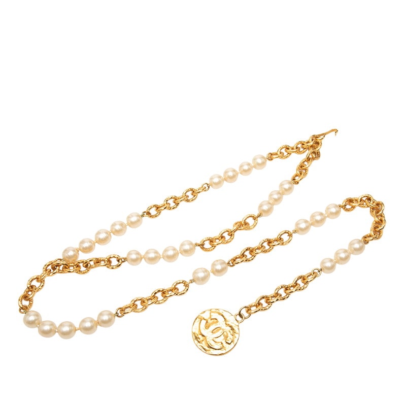 シャネル ココマーク チェーン ベルト ゴールド メッキ フェイクパール レディース CHANEL 中古