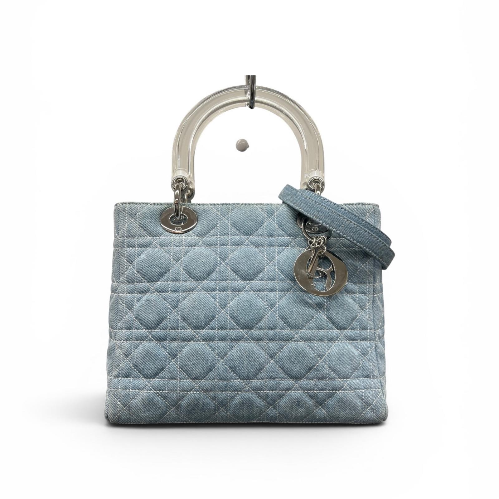 Christian Dior 希少 美品 レディディオール ミディアム デニム 2way ハンドバッグ ショルダーバッグ ブルー プラスチック キルティング ロゴ クロスボディ CD クリスチャン Aランク 鑑定済 中古 ディオールバッグ