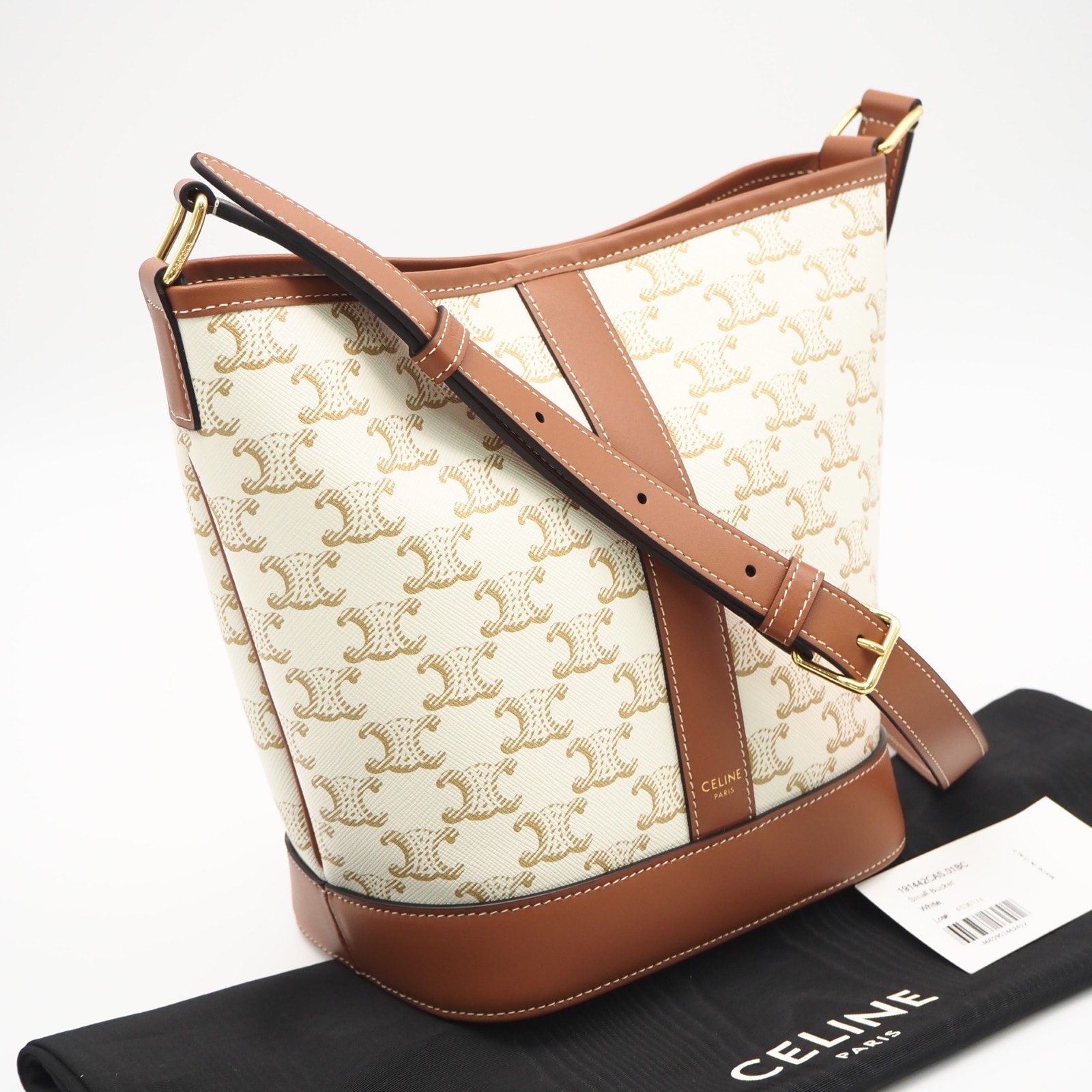 極美品 CELINE セリーヌ トリオンフキャンバス&カーフスキン スモール バケット 191442CAS ショルダーバッグ ホワイト べージュ コーティングキャンバス レザー レディース