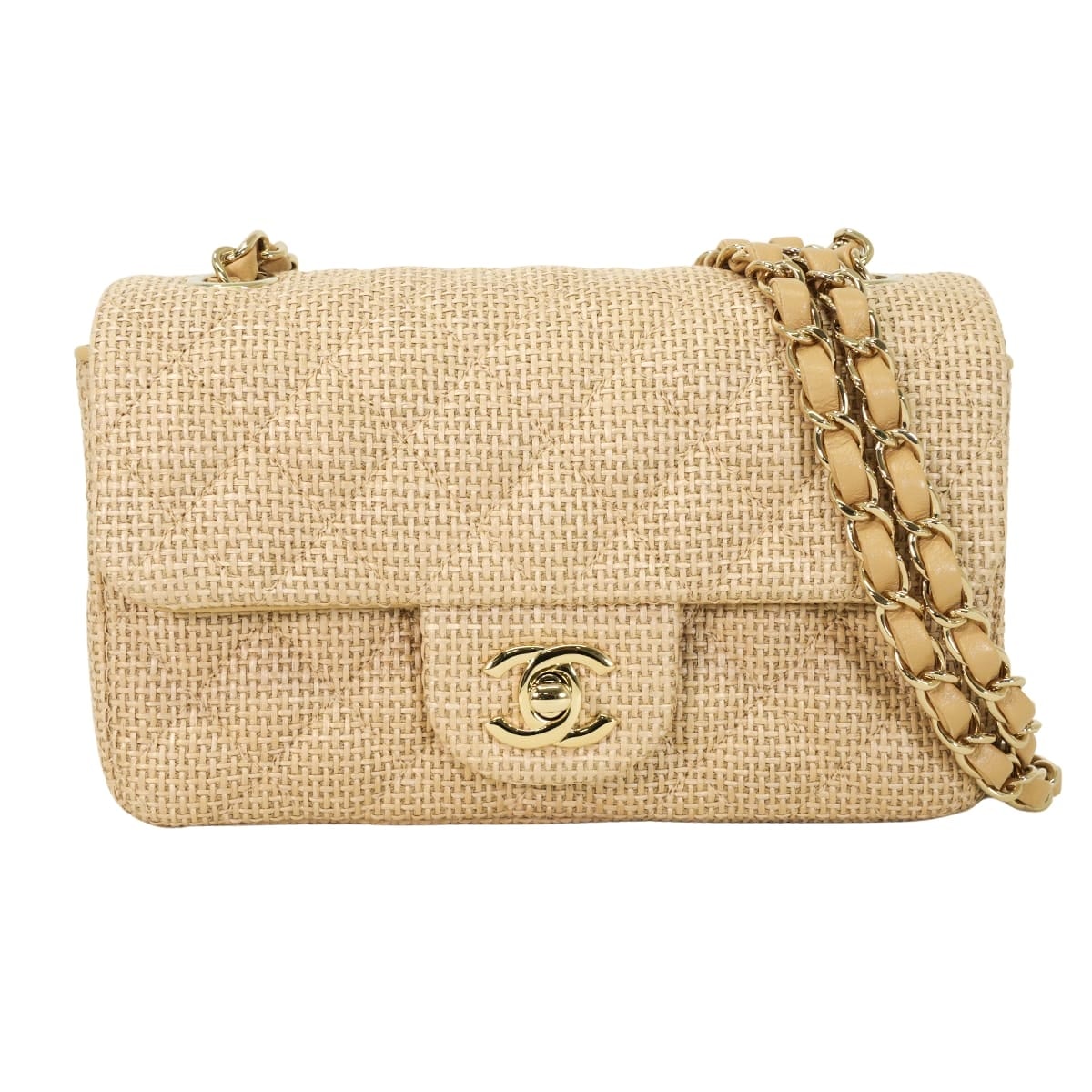 2026年春夏 CHANEL シャネル ショルダーバッグ チェーン ミニ マトラッセ ココマーク ベージュ ラフィア シャンパンゴールド金具 AS6012 新品
