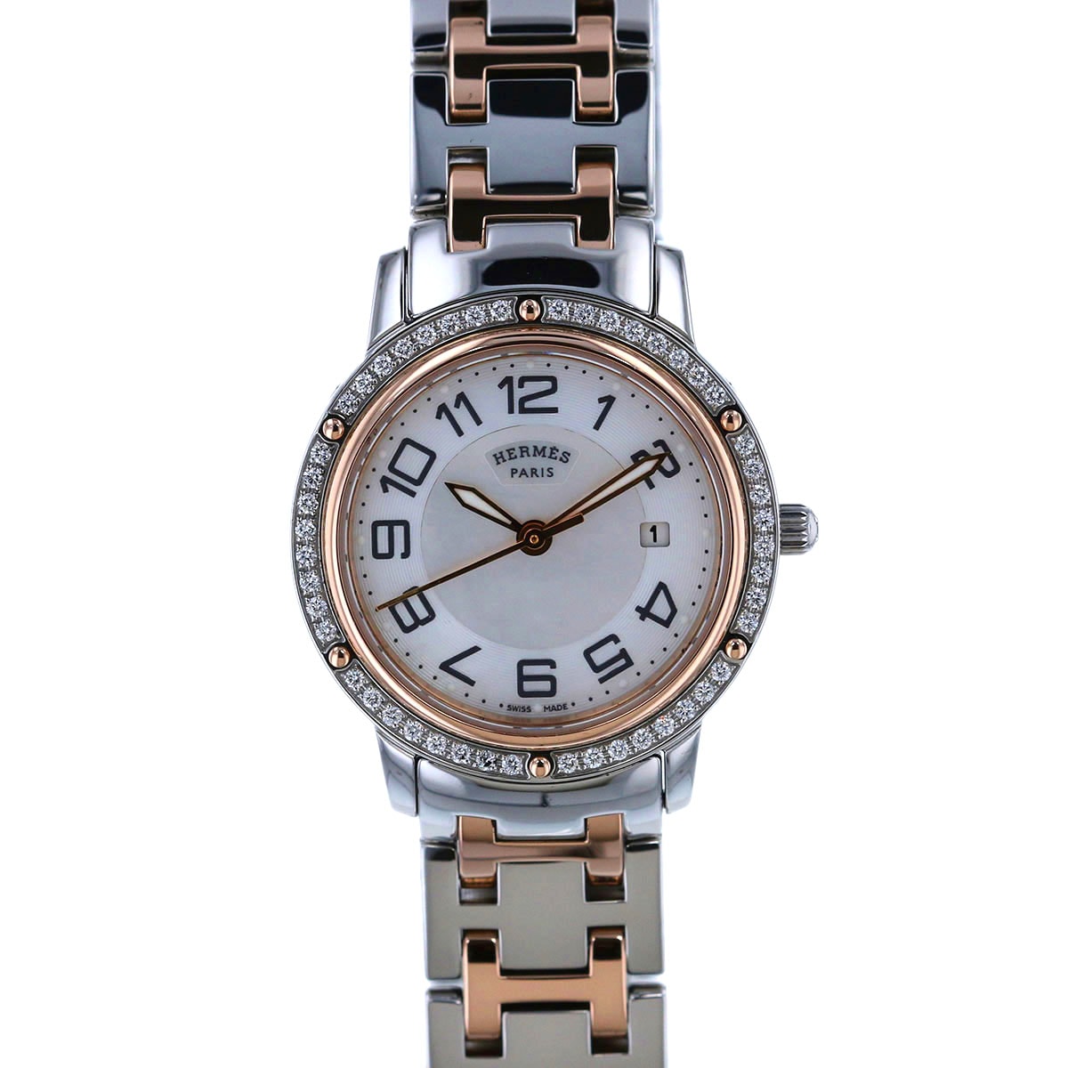 HERMES エルメス クリッパー ナクレ ダイヤベゼル シェル文字盤 腕時計 CP1.322 ステンレススチール ピンクゴールド シルバー ピンクゴールド クオーツ  レディース【中古】