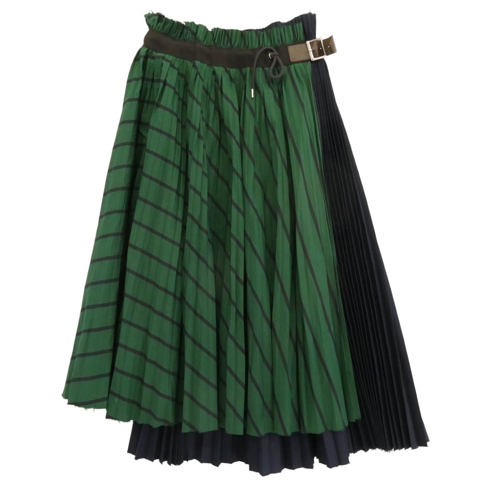 Sacai サカイ ワンピース 19-04302 Stripe Shirting Skirt プリーツ加工 切替 ストライプ ラップスカート ネイビー系 グリーン系 3【中古】