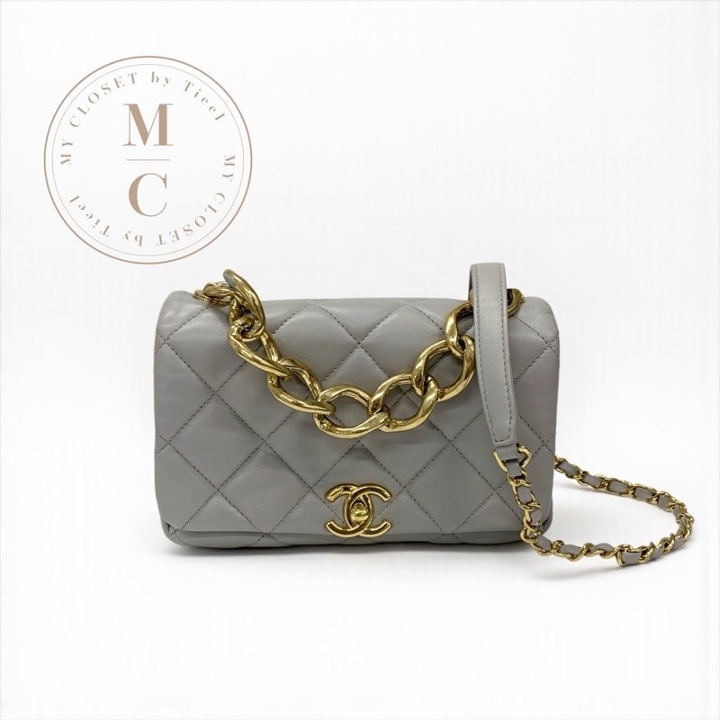 シャネル CHANEL バッグ ショルダーバッグ グレー ゴールド ミニマトラッセ ラムスキン ターンロック ココマーク 2way チェーン