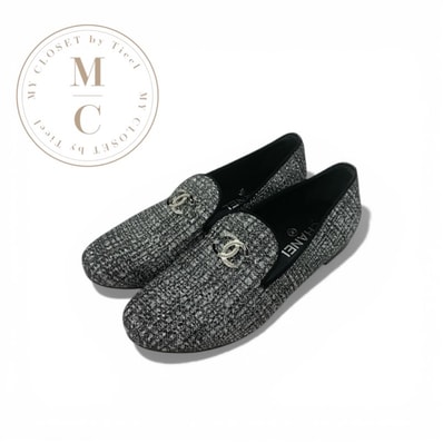 シャネル CHANEL フラットシューズ 靴 シューズ ファブリック レザー シルバー ブラック オペラシューズ ココマーク