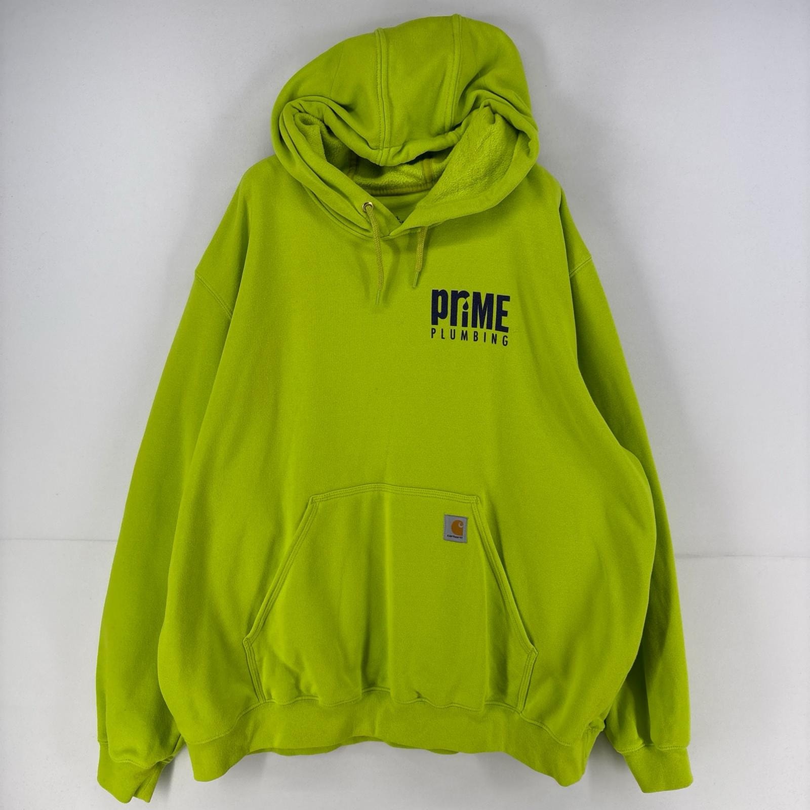 古着 カーハート Carhartt パーカー プルオーバー 両面プリント 大きいサイズ ワンポイント ネオンカラー 2XL  グリーン 無地 メンズ