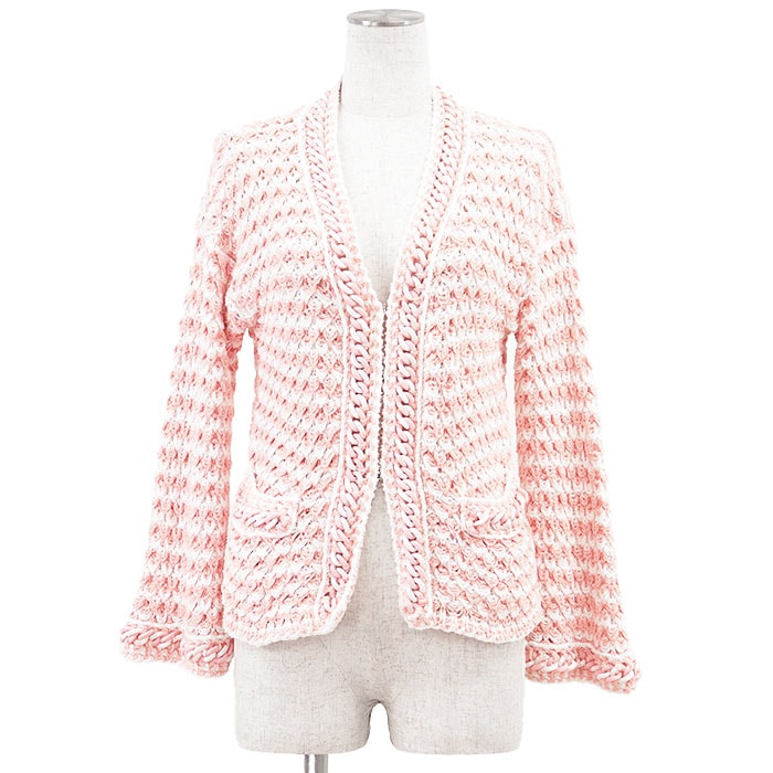 【極美品】CHANEL シャネル カーディガン P58578 COCOマークチャーム ツイード コットンブレンド プラスチックトリム ボーダー ノーカラー トップス レディース サイズ 38 ピンク ホワイト 桃色 白 イタリア製 カール・ラガーフェルド期