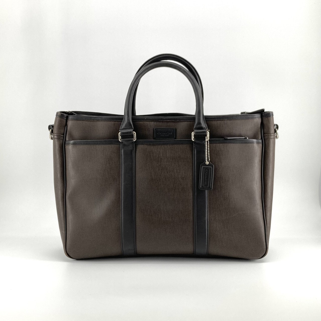 COACH(コーチ) ブリーフケース 2WAY ショルダーストラップ付 PVCコーティングキャンバス / カーフレザー トートバッグ ダークブラウン×ブラック