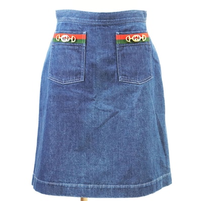 GUCCI グッチ スカート デニム GG ロゴ インターロッキング ホースビット チャーム ウェブストライプ Aライン ボトムス レディース サイズ 42 インディゴ イタリア製