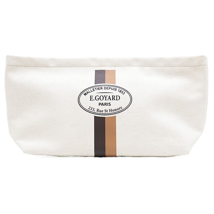 美品 ゴヤール ル・ネセセール コットン × リネン キャンバス ロゴ ストライプ ポーチ ユニセックス アイボリー ブラウン GOYARD