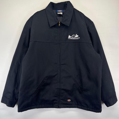 古着 ディッキーズ Dickies ジャケット フルジップ 刺繍 中綿 バックデザイン ワーク 企業ロゴ 大きいサイズ 2XL ブラック系 メンズ
