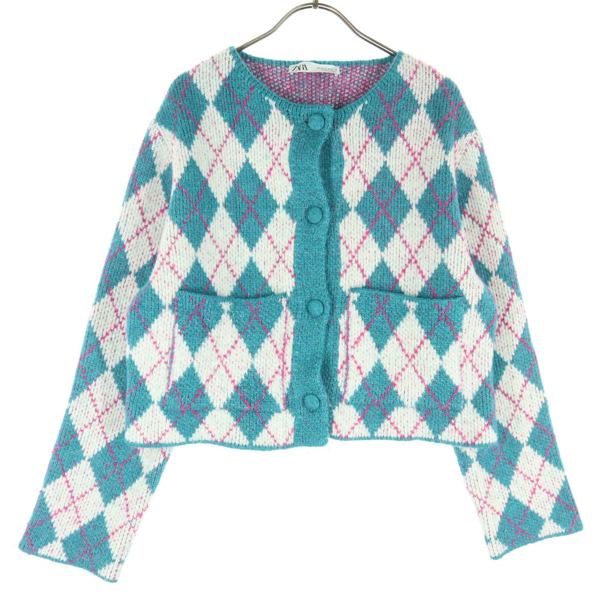 ZARA ザラ アーガイル柄 長袖 ニットカーディガン M グリーン系
