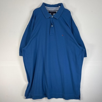 古着 トミーヒルフィガー TOMMY HILFIGER 鹿の子 半袖 ポロシャツ ロゴ 刺繍 大きいサイズ 2ボタン 14041 ブルー系 無地 メンズ