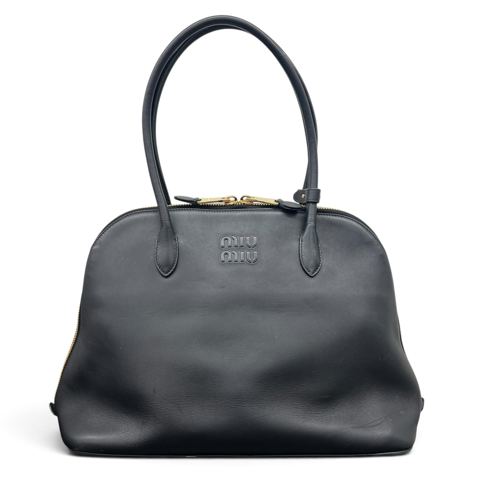 miumiu 希少 ミュウミュウ ロゴ エンボス ハンドバッグ ショルダーバッグ ICチップ確認済 レザー ブラック Bランク 中古 鑑定済 ミュウミュウバッグ