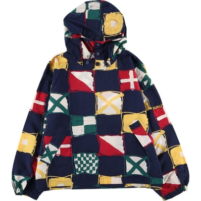 古着 90年代 ノーティカ NAUTICA 総柄 フード付き ナイロンプルオーバー メンズL相当 ヴィンテージ/eaa607739