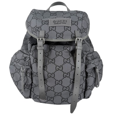 GUCCI グッチ リュック GGリップストップ バックパック 肩掛け 767923 ナイロン レザー グレー シルバー金具 メンズ【中古品】