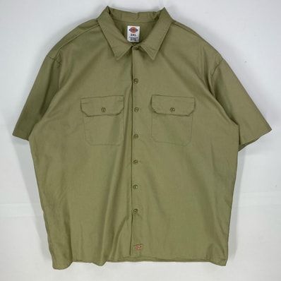 古着 ディッキーズ Dickies 半袖シャツ ワーク 胸ポケット 大きいサイズ ワンポイントロゴ 2XL ベージュ系 無地 メンズ