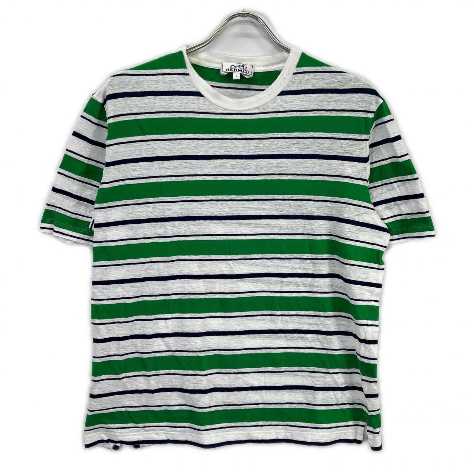 エルメス 18SS グリーン×ネイビー リネン混 ボーダーTシャツ L