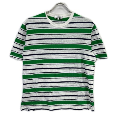 エルメス 18SS グリーン×ネイビー リネン混 ボーダーTシャツ L