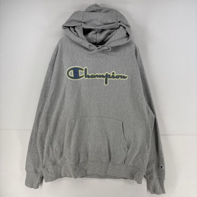 古着 チャンピオン Champion パーカー プルオーバー 大きいサイズ リバースウィーブ ワッペン スウェット ビッグロゴ XL グレー メンズ