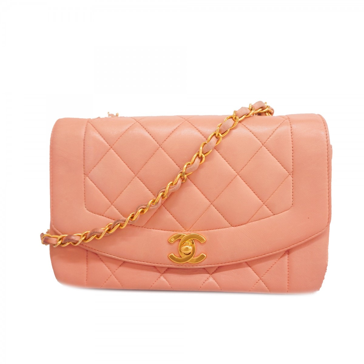 【6dd4285-k】シャネル ショルダーバッグ ダイアナ チェーンショルダー ラムスキン ピンク ゴールド金具【中古】レディース