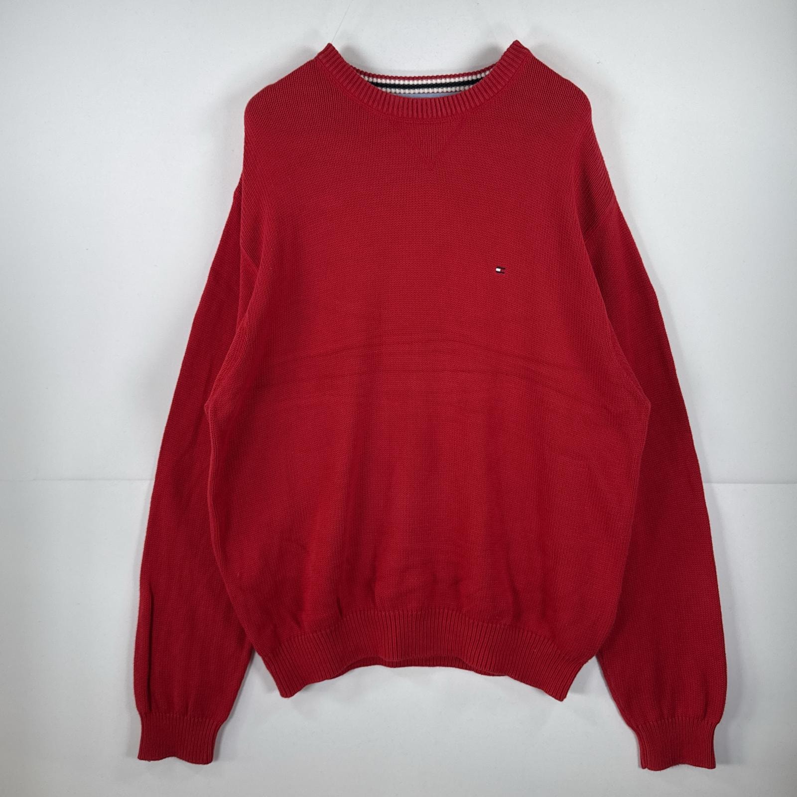 古着 90's/90年代 トミーヒルフィガー TOMMY HILFIGER 長袖 ニット クルーネック ワンポイント セーター 大きいサイズ 14041 レッド 無地 メンズ