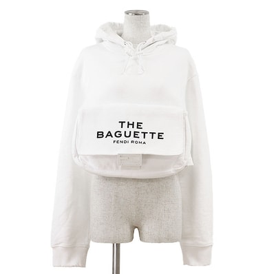 【極美品】FENDI × MARC JACOBS フェンディ × マーク・ジェイコブス スウェット コラボレーション ロゴ バケットポケット フーディー パーカー クロップド ダメージ加工 プルオーバー 長袖 タグ付属 レディース S ホワイト 白