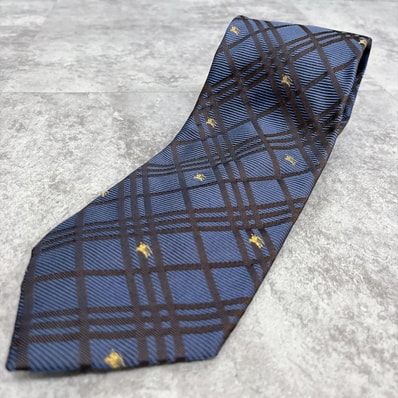 【BURBERRY】バーバリー 騎士ロゴ ホースロゴ チェック柄 ネクタイ ブルー ブラック ゴールド シルク100% イタリア製 メンズ フォーマル