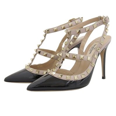 ヴァレンティノガラヴァーニ 美品 ロックスタッズ アンクルストラップ パテントレザー パンプス レディース 黒 34 34