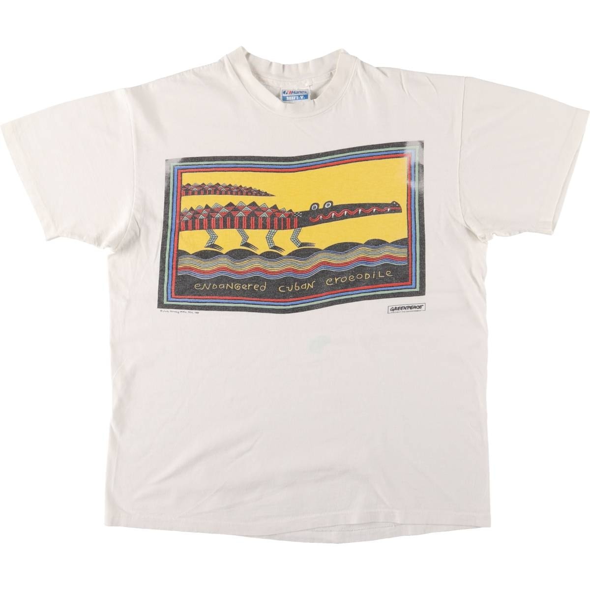 古着 80年代 ヘインズ Hanes BEEFY-T 青タグ Judy Kensley Mckie ジュディケンズリーマッキー Endangered Cuban Crocodile アートTシャツ USA製 メンズL相当 ヴィンテージ/eaa571175