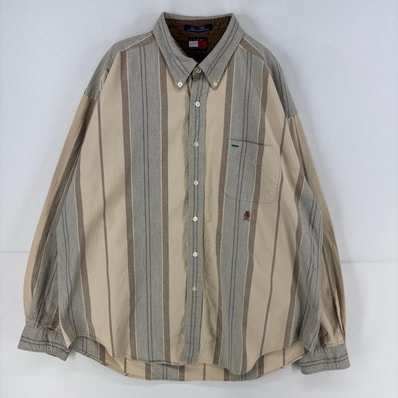 古着 90's/90年代 トミーヒルフィガー TOMMY HILFIGER 長袖シャツ ロゴ 刺繍 大きいサイズ 2XL ベージュ系 ストライプ メンズ