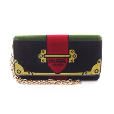 プラダ PRADA VELLUTO RICAMO 二つ折り長財布 財布 ファブリック レザー レディース ブラック系 / マルチカラー 1MH019 【中古】