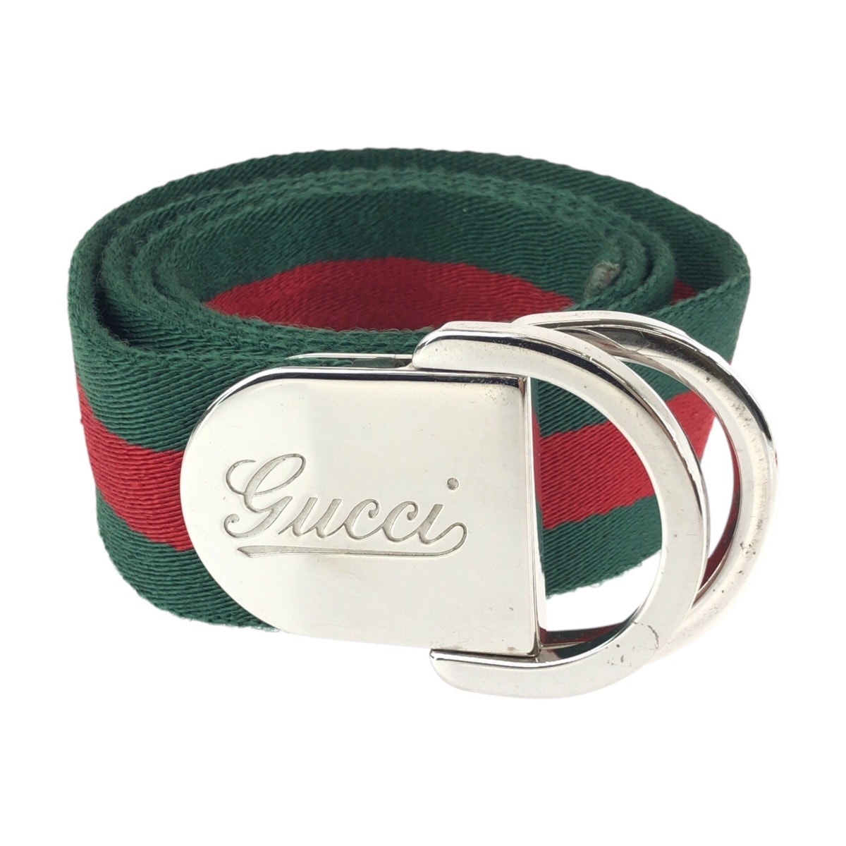 美品 GUCCI グッチ シェリーライン 85cm/34inc グリーン レッド シルバー金具 コットン レザー/ ベルト 603170 【中古】