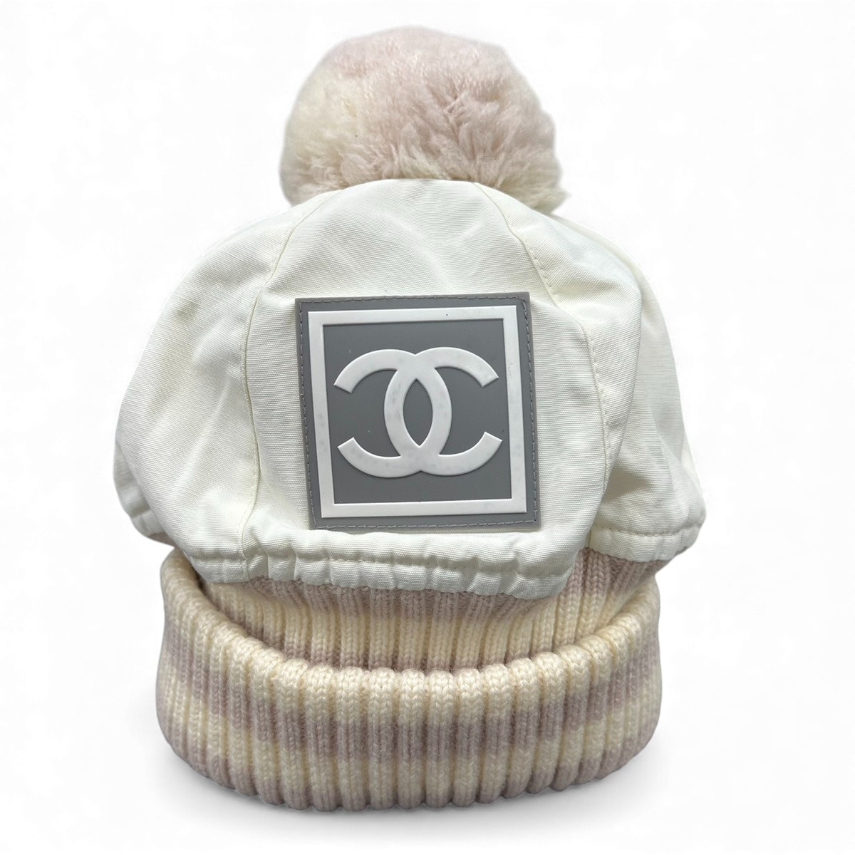 CHANEL 希少 極美品 シャネル スポーツライン ココマーク ニットキャップ ニット帽 Mサイズ ポリアミド コットン ホワイト マルチカラー 帽子 ビーニー ロゴ Aランク 中古 鑑定済 シャネル帽子