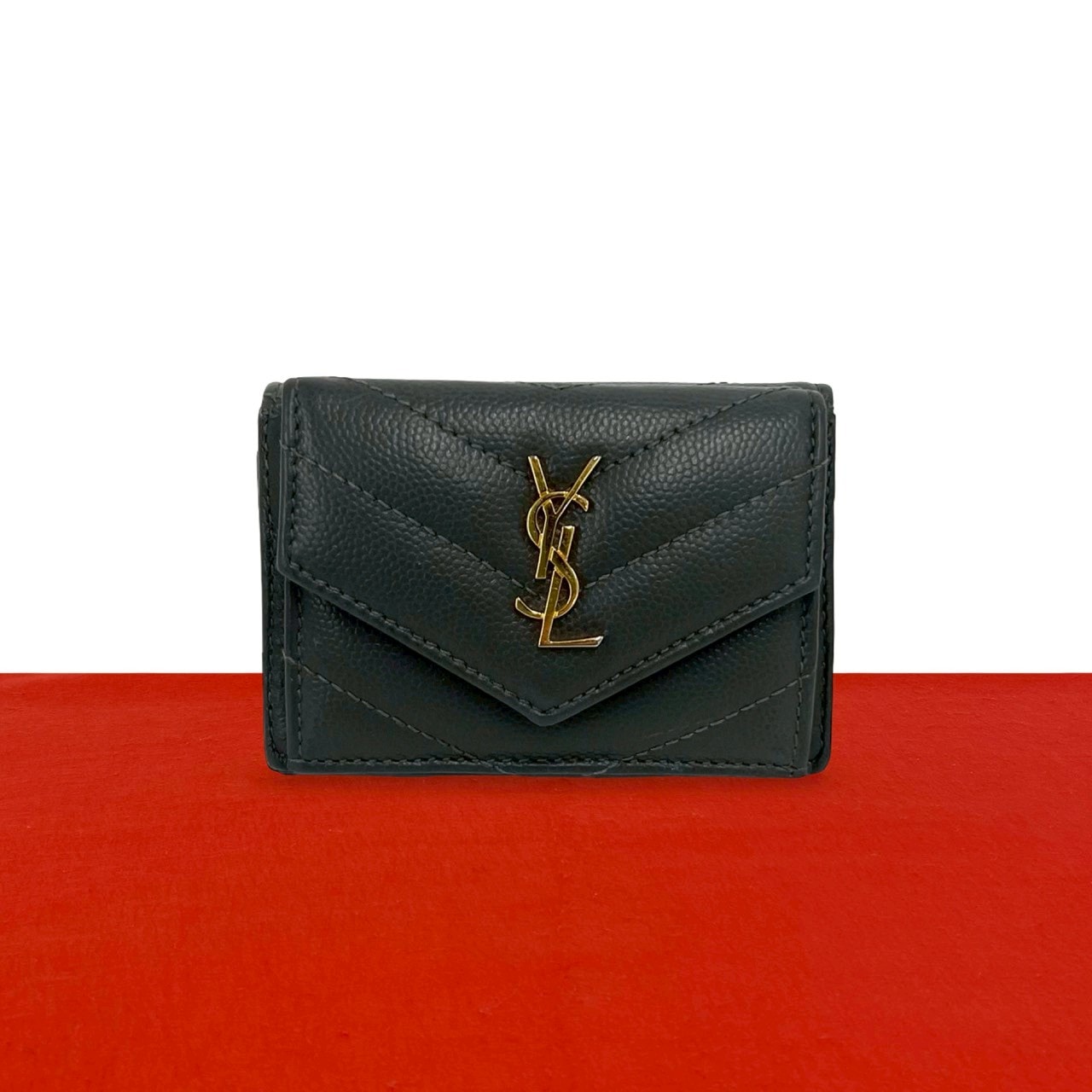 YVES SAINT LAURENT イヴ・サンローラン YSL ロゴ 金具 レザー 三つ折り財布 グレー
 95277