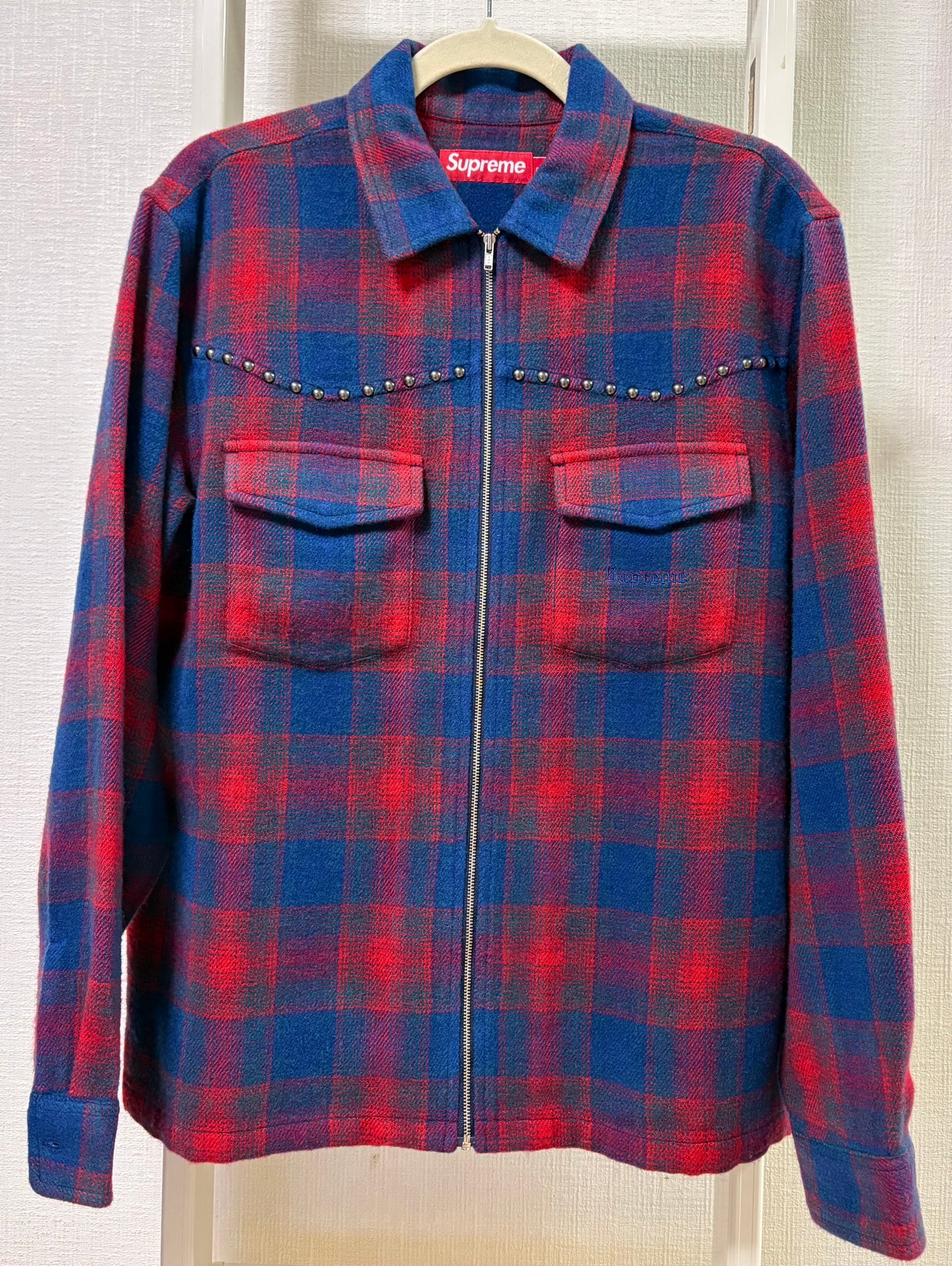 Supreme Studded Shadow Plaid Zip Up Shirt "Navy"