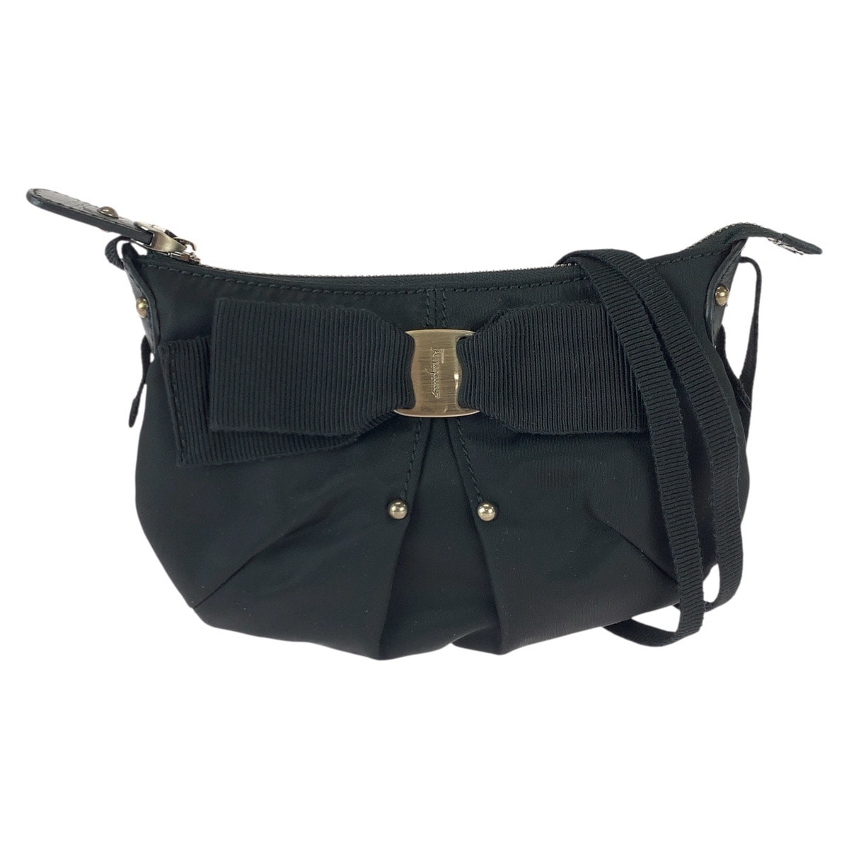 美品 Salvatore Ferragamo サルヴァトーレフェラガモ ヴィンテージ ヴァラリボン ブラック 黒 ナイロン レザー/ ショルダーバッグ ポシェット 601005 【中古】