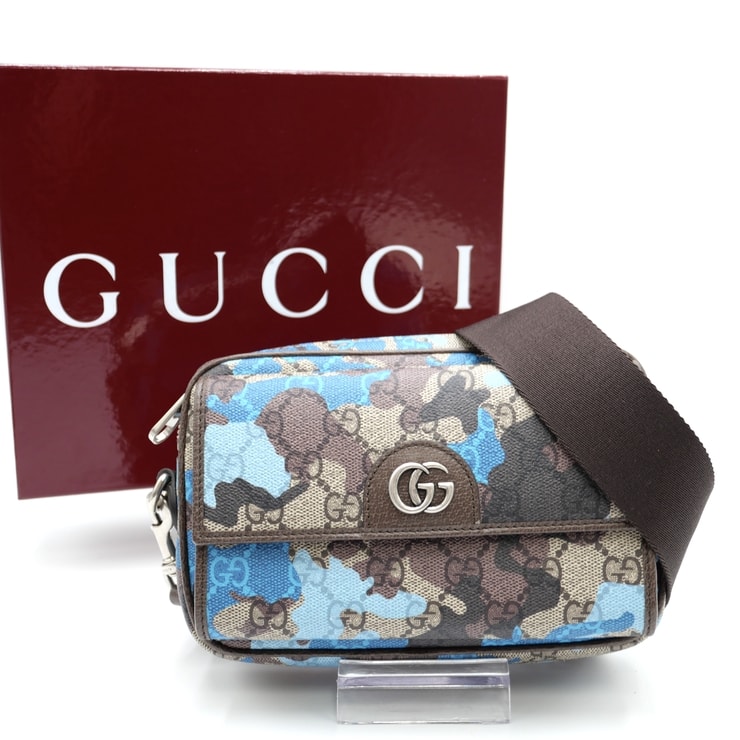 GUCCI(グッチ)GGスプリーム カモフラージュ スモール クロスボディバッグ ショルダーバッグ 斜め掛け ブルー ブラウン GGロゴ シルバー金具 メンズ レディース ユニセックス【中古】
