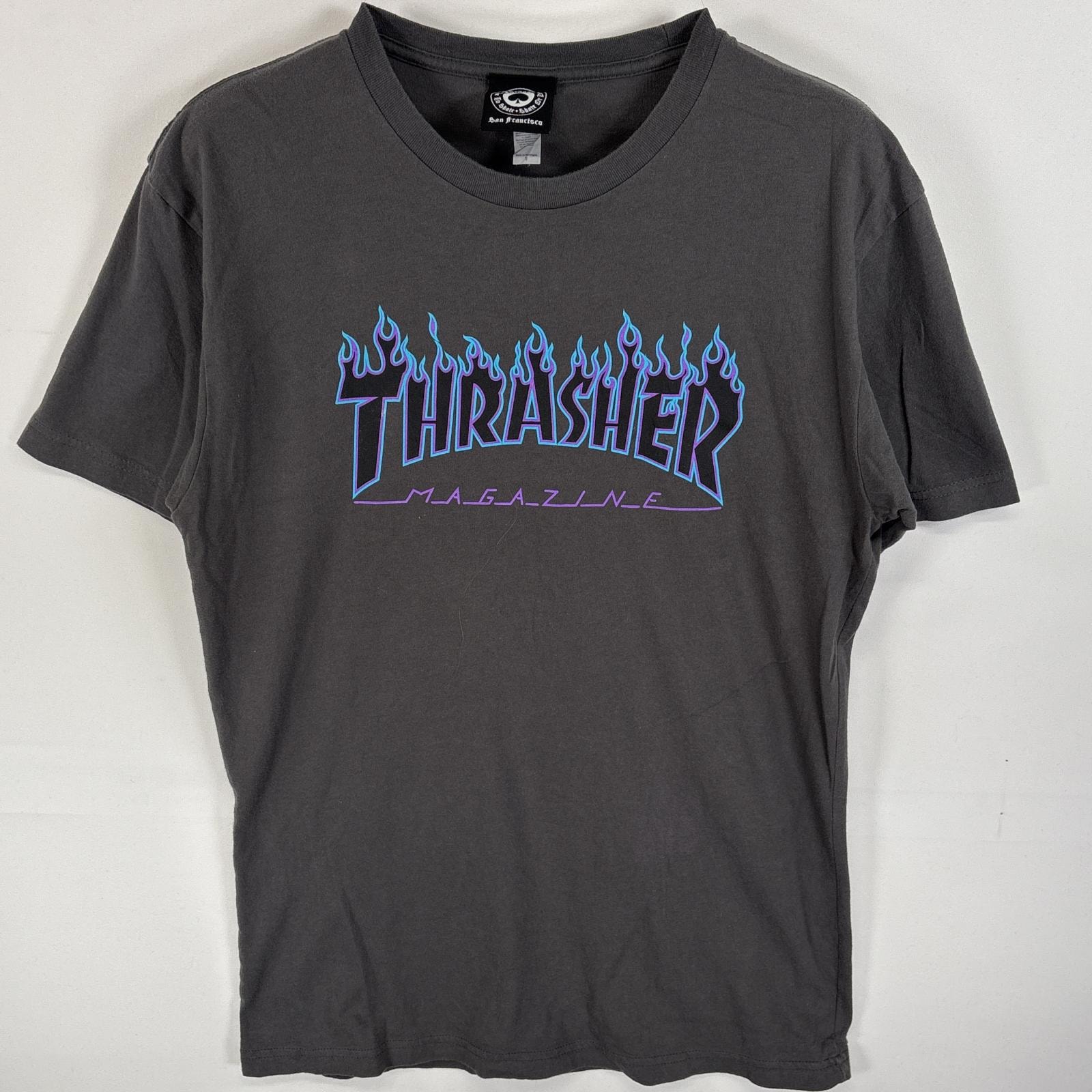 古着 スラッシャー THRASHER 半袖Tシャツ フロントロゴ ラバープリント ファイヤーデザイン S  グレー メンズ