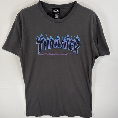 古着 スラッシャー THRASHER 半袖Tシャツ フロントロゴ ラバープリント ファイヤーデザイン S グレー メンズ