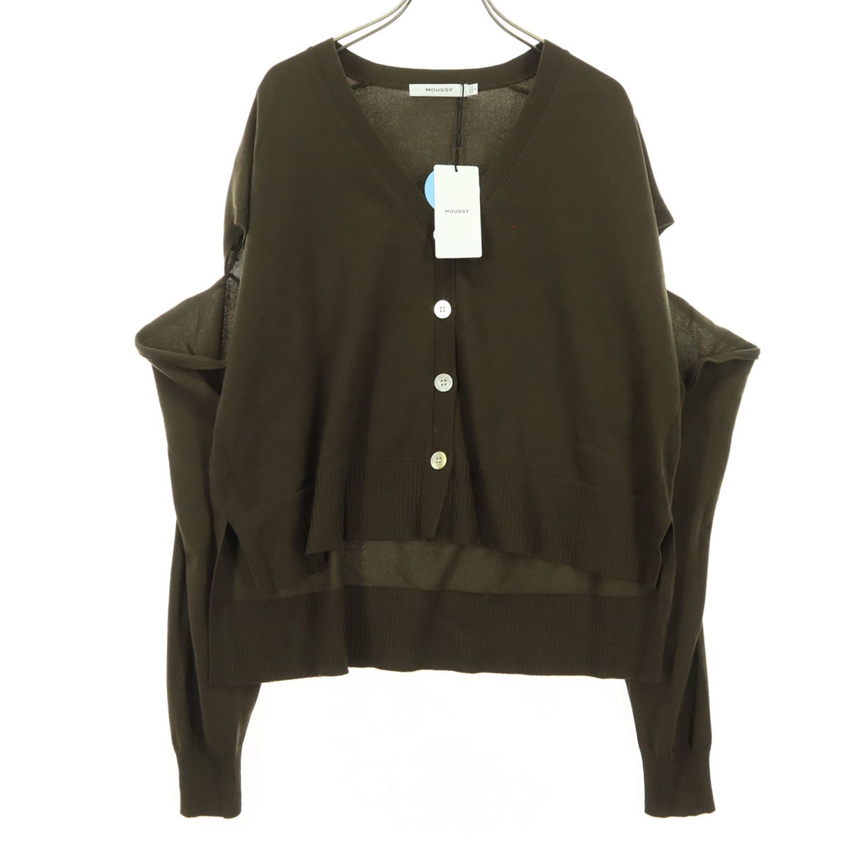 未使用 MOUSSY マウジー 長袖 Vネック オープンショルダー カーディガン F ブラウン