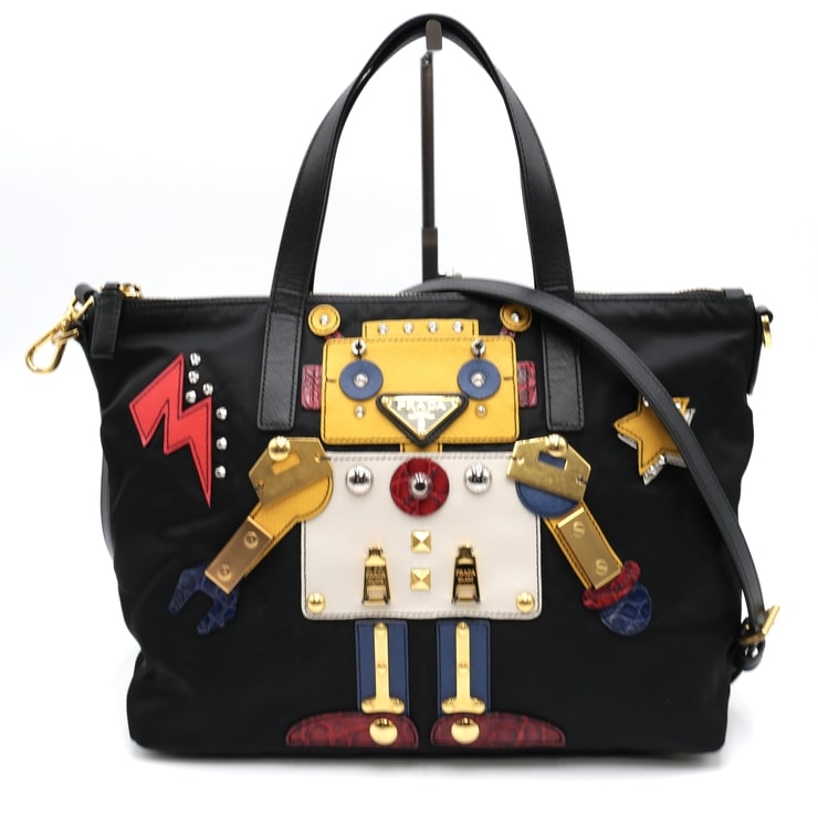 PRADA(プラダ)ロボットモチーフ 2WAY トートバッグ ショルダーバッグ ブラック ナイロン サフィアーノレザー マルチカラー スタッズ ゴールド金具 レディース【中古】