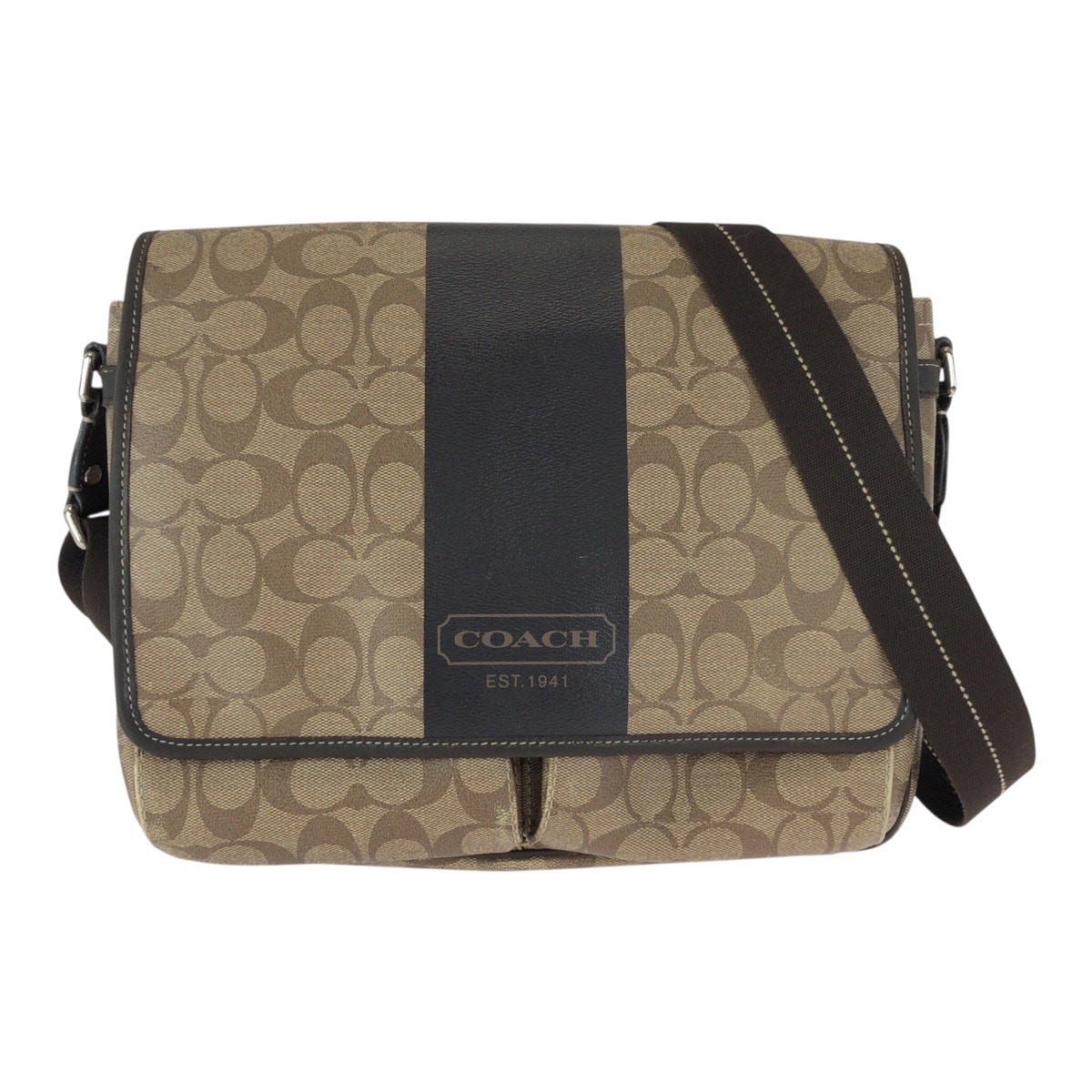 COACH コーチ シグネチャー ブラウン ベージュ シルバー金具 PVC レザー/ ショルダーバッグ メッセンジャーバッグ 男女兼用 600853 【中古】