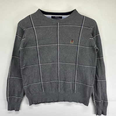 古着 トミーヒルフィガー TOMMY HILFIGER ニット セーター ワンポイントロゴ刺繍デザイン チェック柄 M グレー系 メンズ