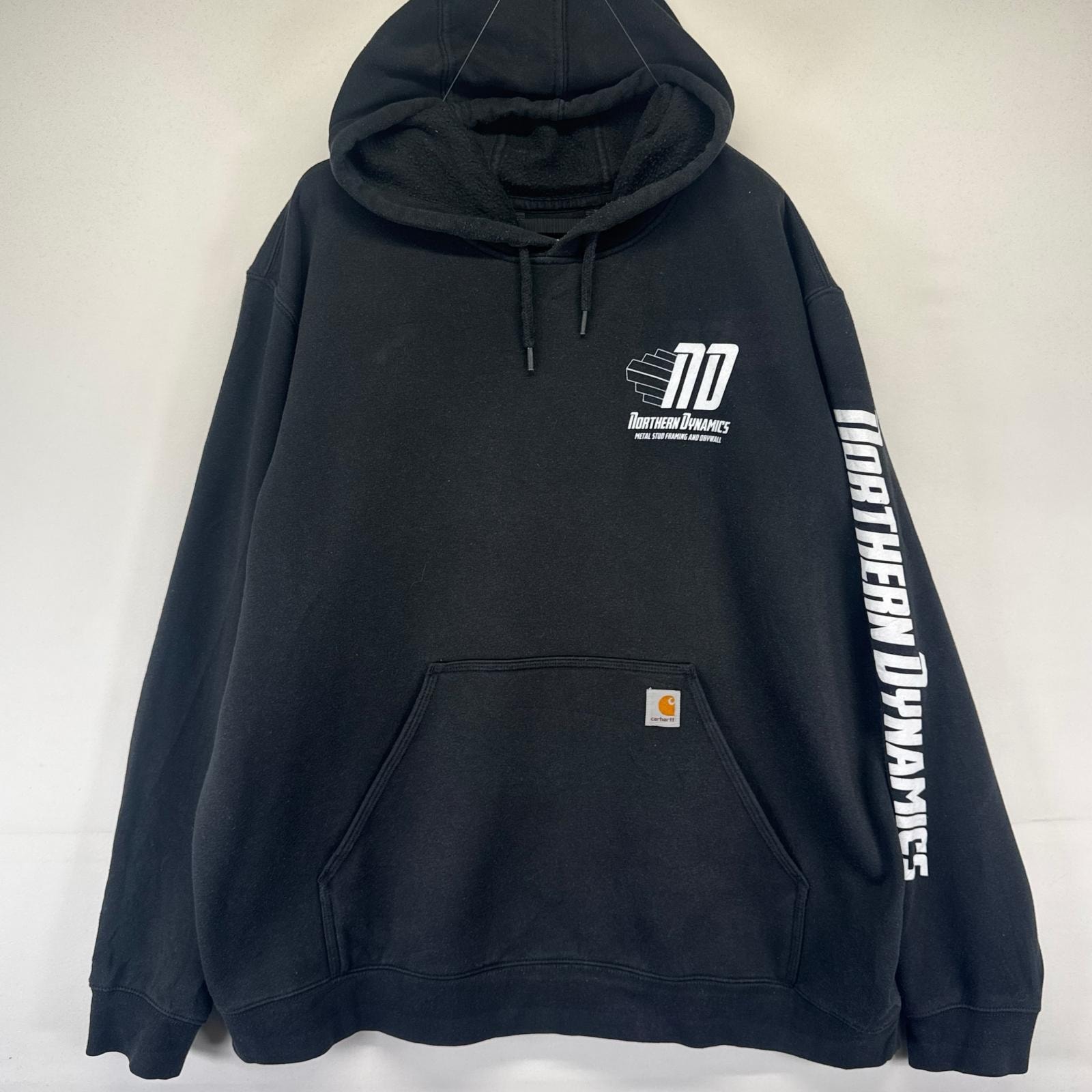 古着 カーハート Carhartt パーカー プルオーバー フーディー スウェットさ 企業 大きいサイズ 2XL  ブラック系 プリント メンズ