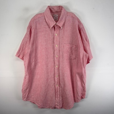 古着 ブルックスブラザーズ Brooks Brothers 半袖シャツ リネン ボタンダウン L レッド系 ストライプ メンズ