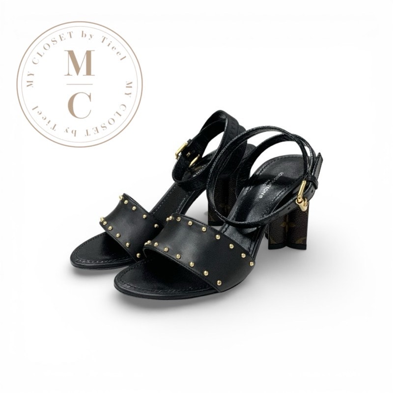 ルイヴィトン LOUIS VUITTON シルエットライン モノグラム サンダル 靴 シューズ レザー ブラック ブラウン ゴールド スタッズ アンクルストラップ 未使用