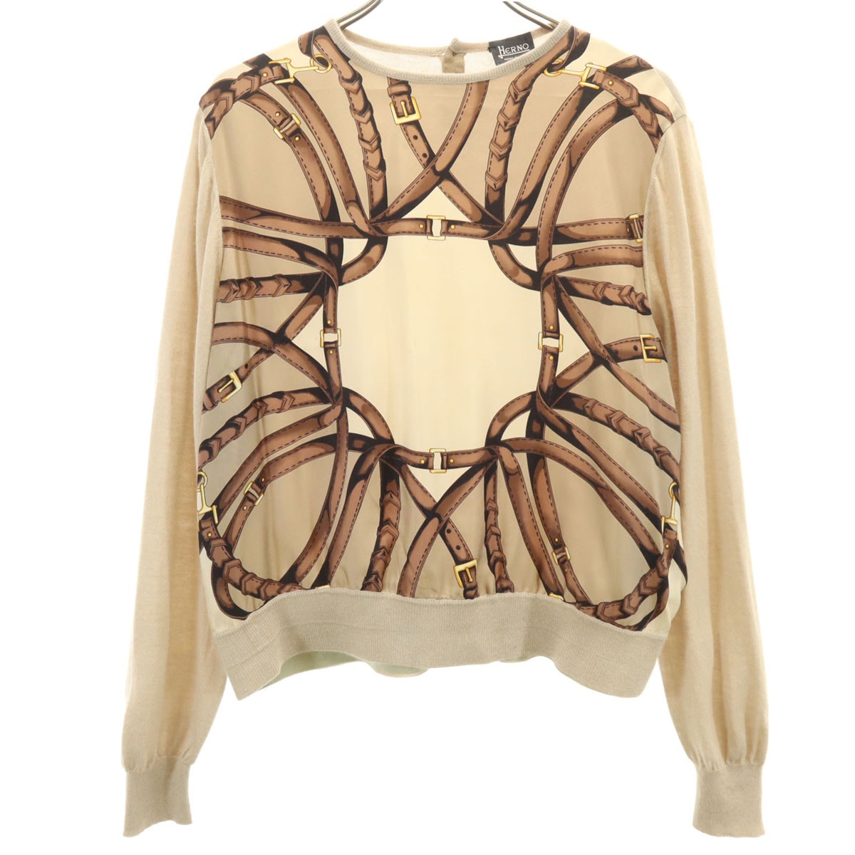 Herno ヘルノ イタリア製 カシミヤ シルクブレンド スカーフ柄 長袖 ニット 40 ベージュ