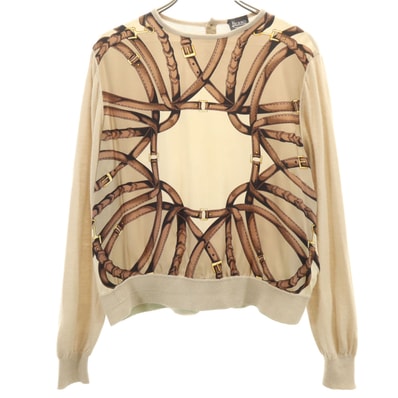 Herno ヘルノ イタリア製 カシミヤ シルクブレンド スカーフ柄 長袖 ニット 40 ベージュ